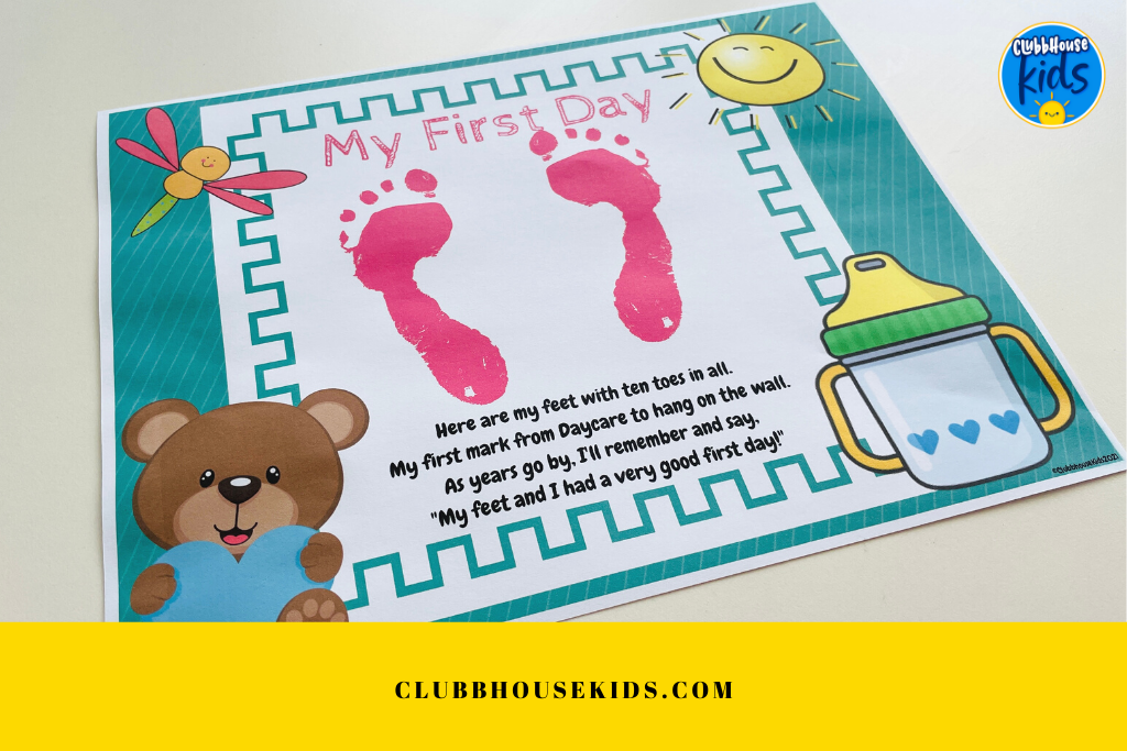 A super cute first day of daycare craft that is a footprint craft of babies feet with the first day of daycare poem