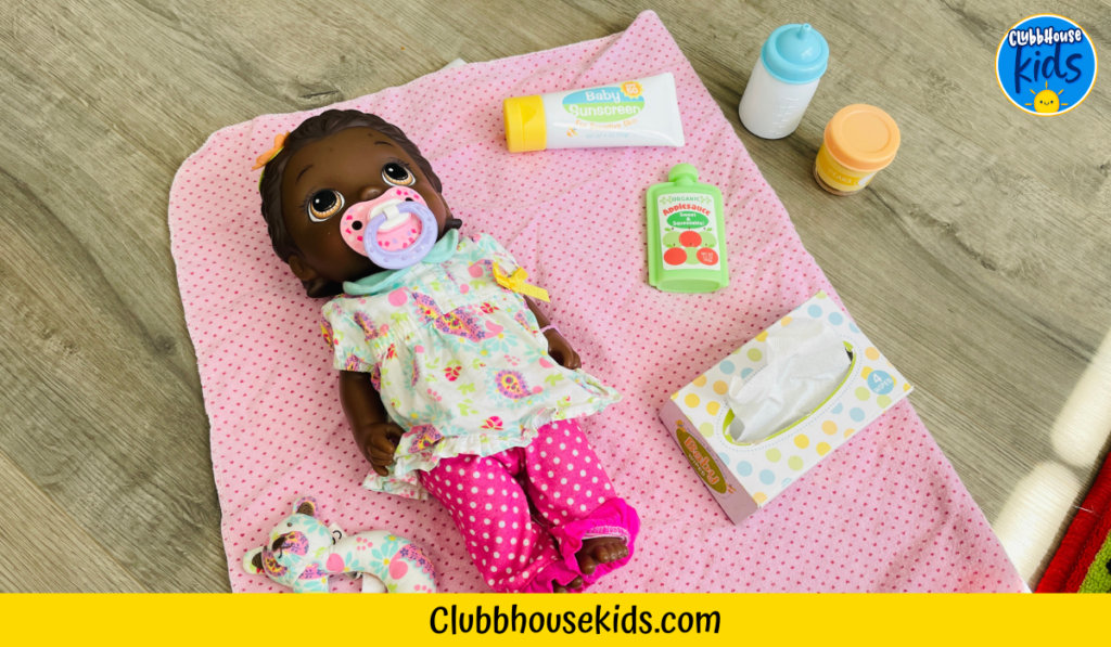 Taking care of a baby doll is a great way build social emotional development in young children.