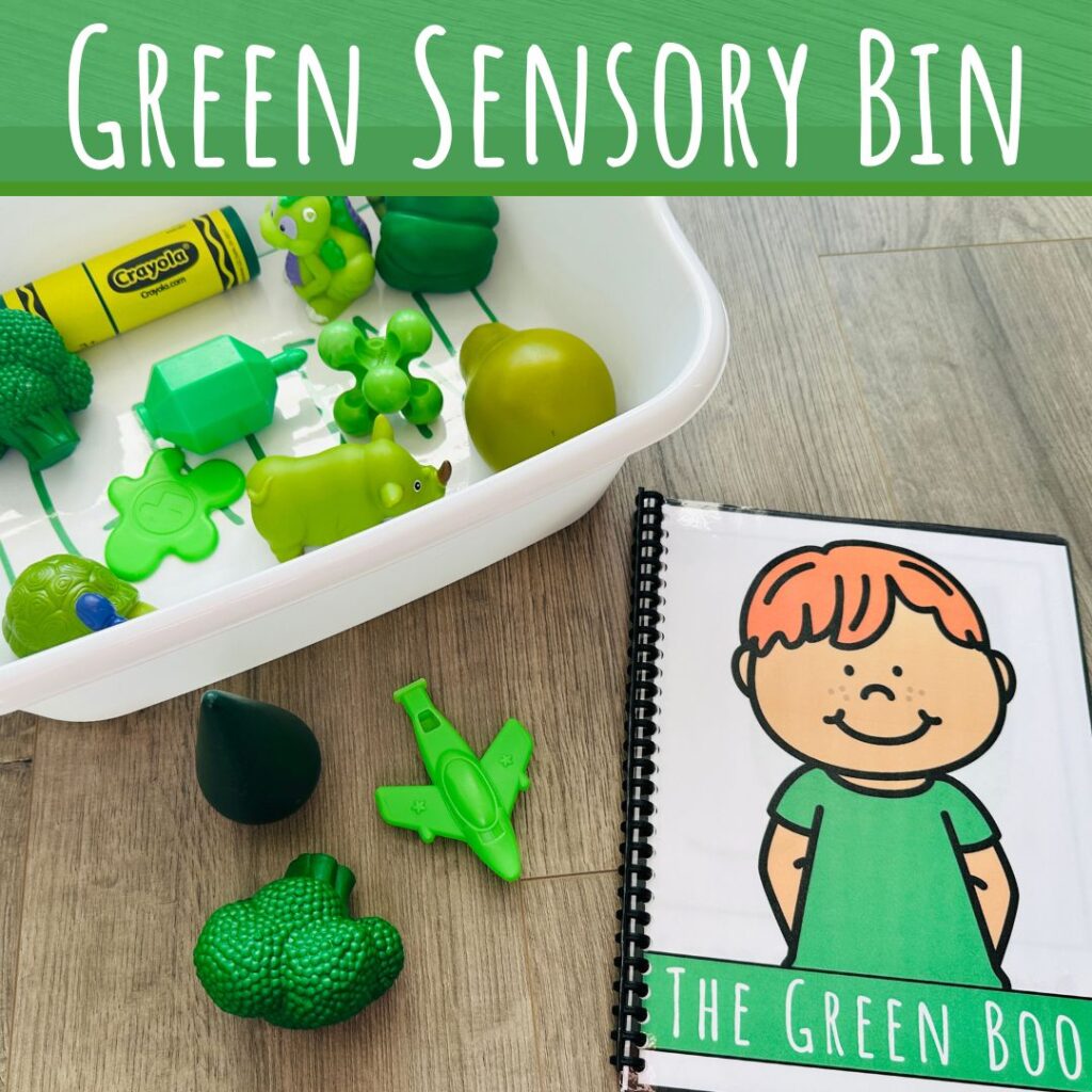 Learning color green sensory bin.
